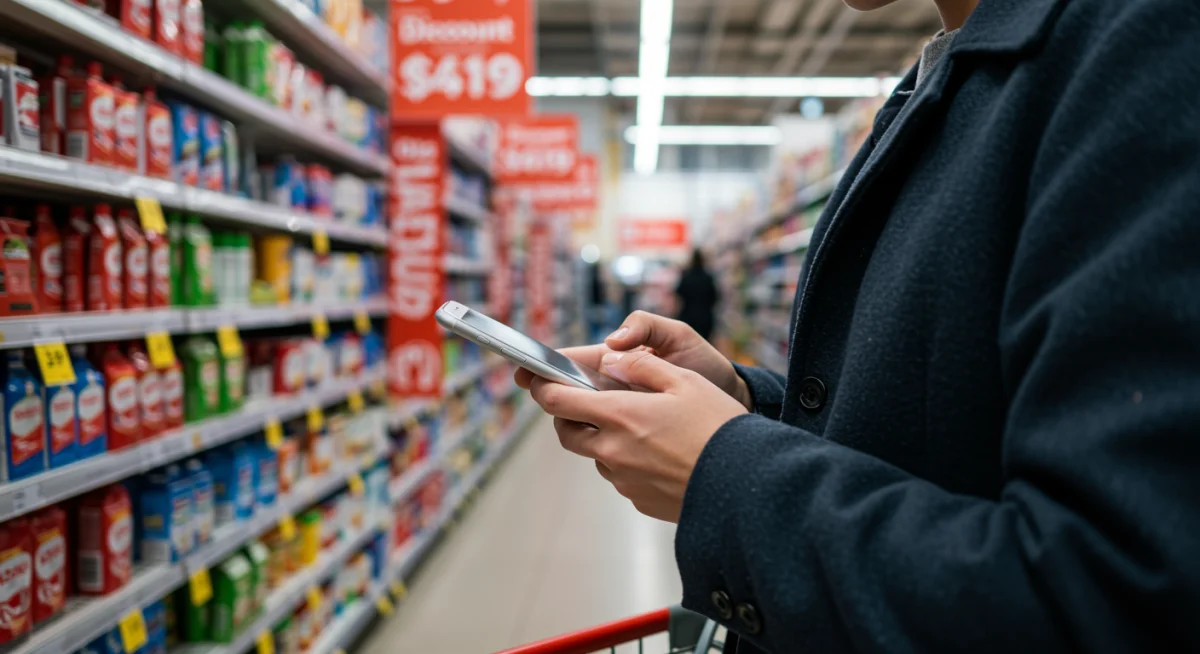 Shopper comparing prices on smartphone during holiday sales, leveraging technology for better deals.