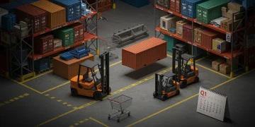Warehouse with empty shelves and shipping containers, representing Q1 2025 supply chain issues in the US.