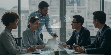 Business professionals analyzing Q2 2025 retailer compliance data on a digital dashboard.