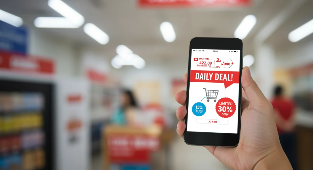 Shopper receiving real-time daily deal alert on smartphone