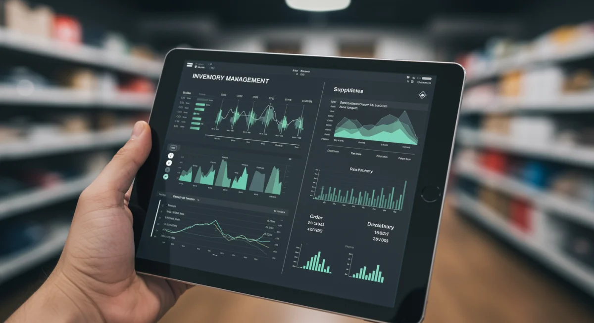 Tablet screen showing real-time inventory management software with predictive analytics in a retail setting.