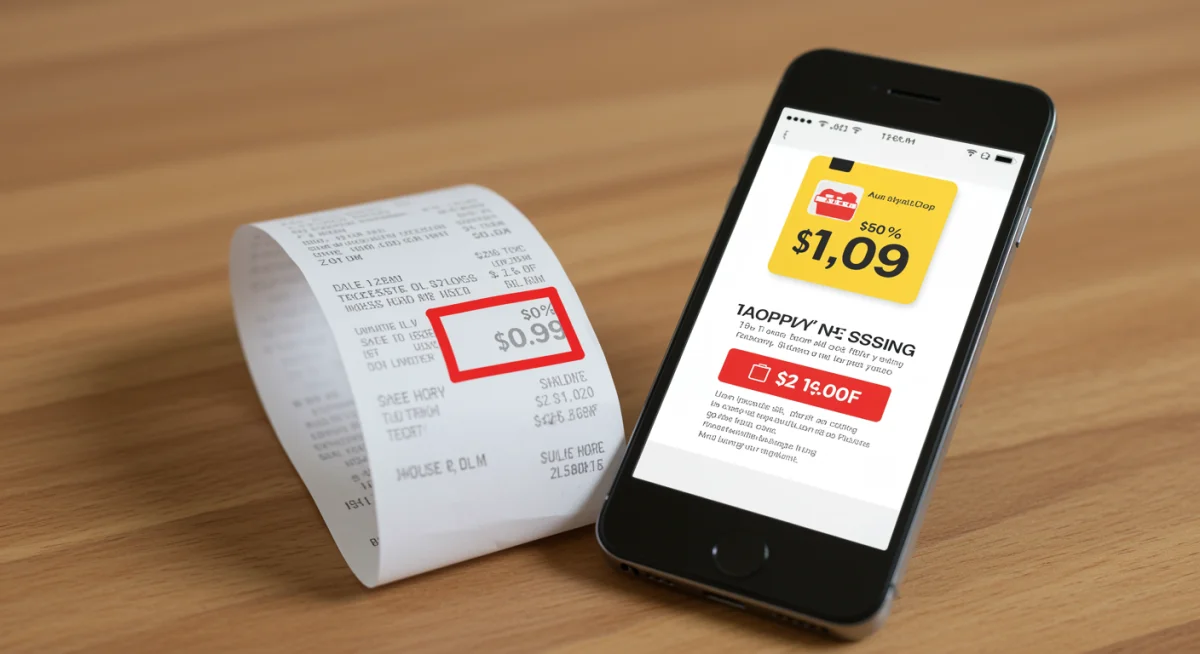 Receipt with highlighted price next to phone showing lower competitor price