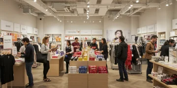 Diverse customers engaging positively in a modern retail store environment, symbolizing strong customer retention.