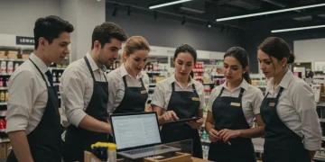 Retail employees reviewing new labor law documents on a tablet in a store