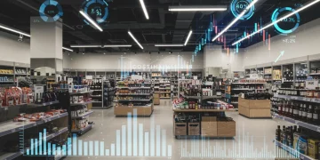 Retail store with financial data overlays, symbolizing cost optimization