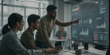 Retail team analyzing 2025 key performance indicators on a digital dashboard