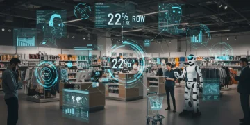 Futuristic retail environment with AI, robotics, and data analytics dashboards, symbolizing high ROI tech investments.