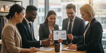 Retailers reviewing 2025 tax credit financial projections on a tablet