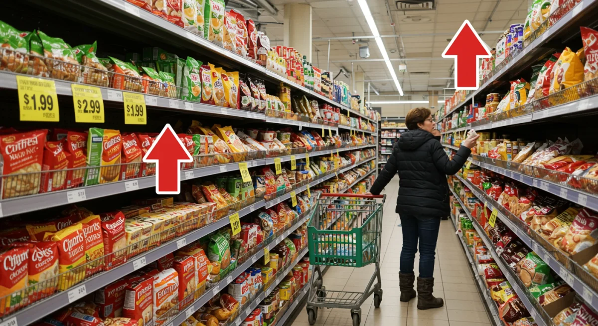 Grocery store aisle with rising food prices affecting consumer choices