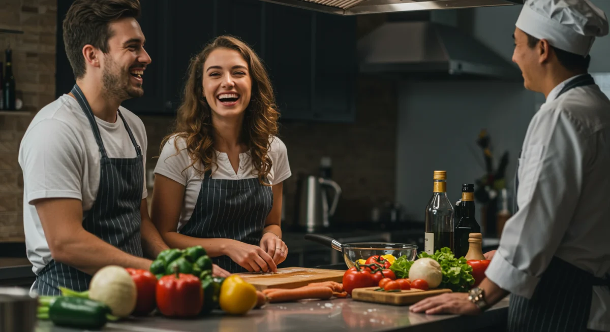Couple enjoying a romantic cooking class as a Valentine's Day experience gift.