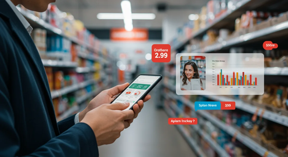Shopper analyzing pricing data on a smartphone in a retail setting