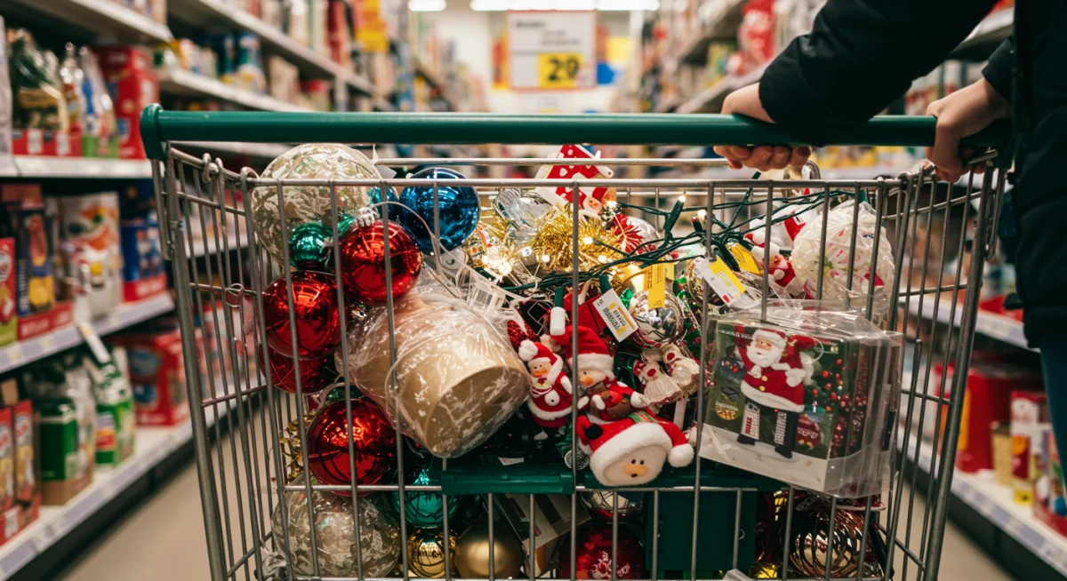 Shopping cart filled with discounted holiday decorations
