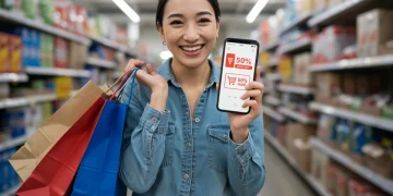 Smart shopper comparing prices on smartphone for a price match guarantee