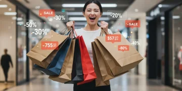 Enthusiastic shopper with bags, digital discount overlays, futuristic US mall