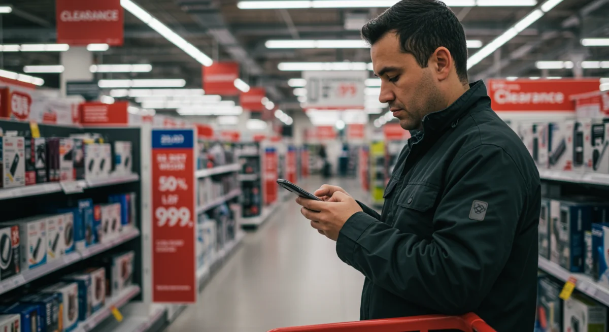 Shopper comparing prices on a smartphone during a post-holiday clearance sale, highlighting smart shopping strategies.