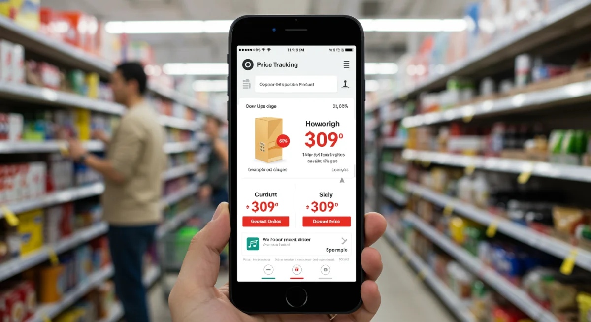 Smartphone app displaying a product's price history and current deal status in a retail store.
