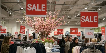 Shoppers enthusiastically exploring spring clearance sales racks in a brightly lit department store, with colorful spring apparel and accessories on display.