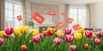 Spring flowers and shopping cart with discount tags