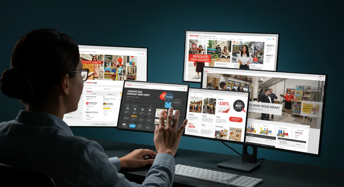 Person comparing deals on multi-screen setup, showcasing strategic use of daily deal aggregators.