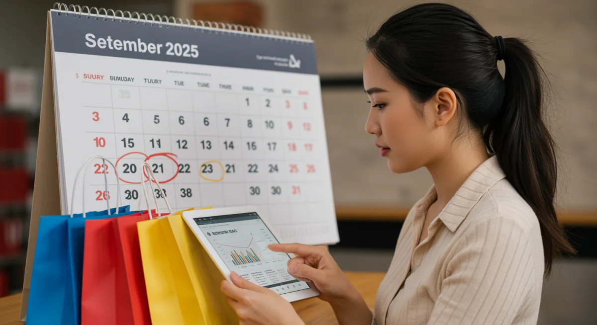 Person planning Labor Day 2025 home goods purchases on tablet