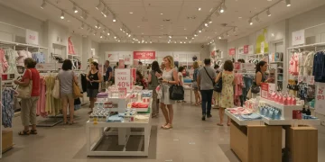 Shoppers engaging with summer sales displays in a brightly lit retail store.