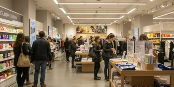 Vibrant retail store interior with happy customers browsing products